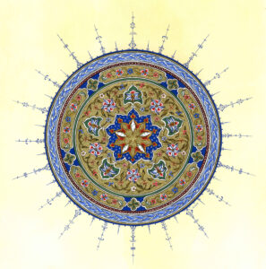 Kreisförmiger Entwurf mit Rumi- und Hataymotiven, Illumination im Stil der Malschule des Top Kapi Palastes in Istanbul